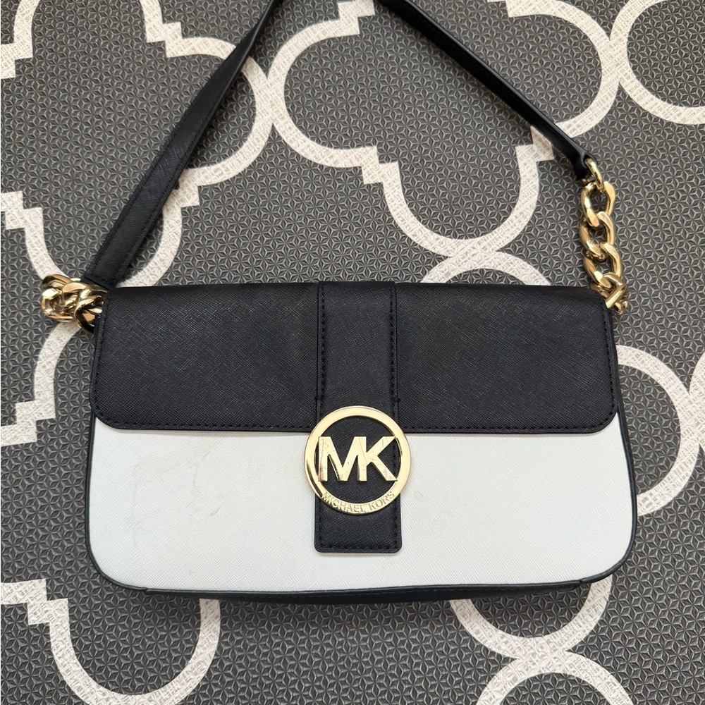 Michael Kors Black and White Crossbody Bag with Gold Accents